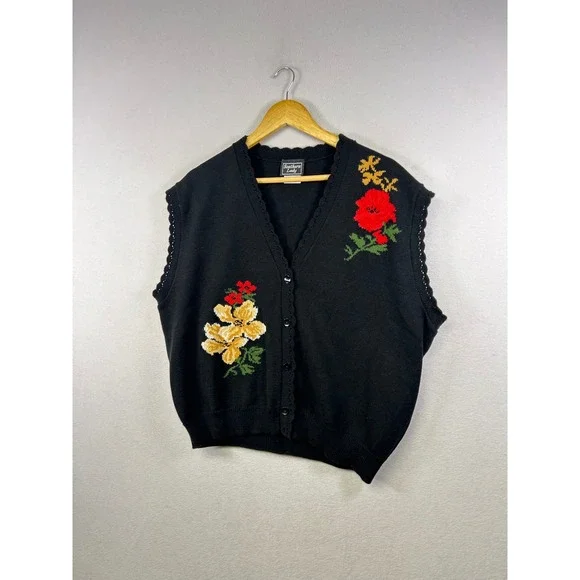 Vintage Southern Lady Black Embroidered Floral V Neck Button Front‎ Knit Vest 1X - Picture 9 of 9
